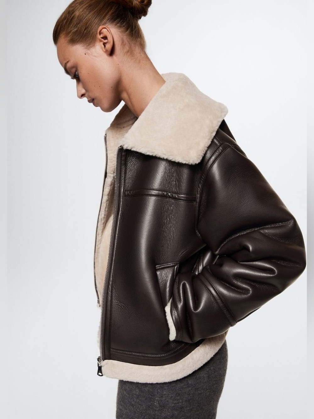 Mango Dark Brown Faux Shearling-lined Jacket Size XL Aviator Jacket Faux Fur